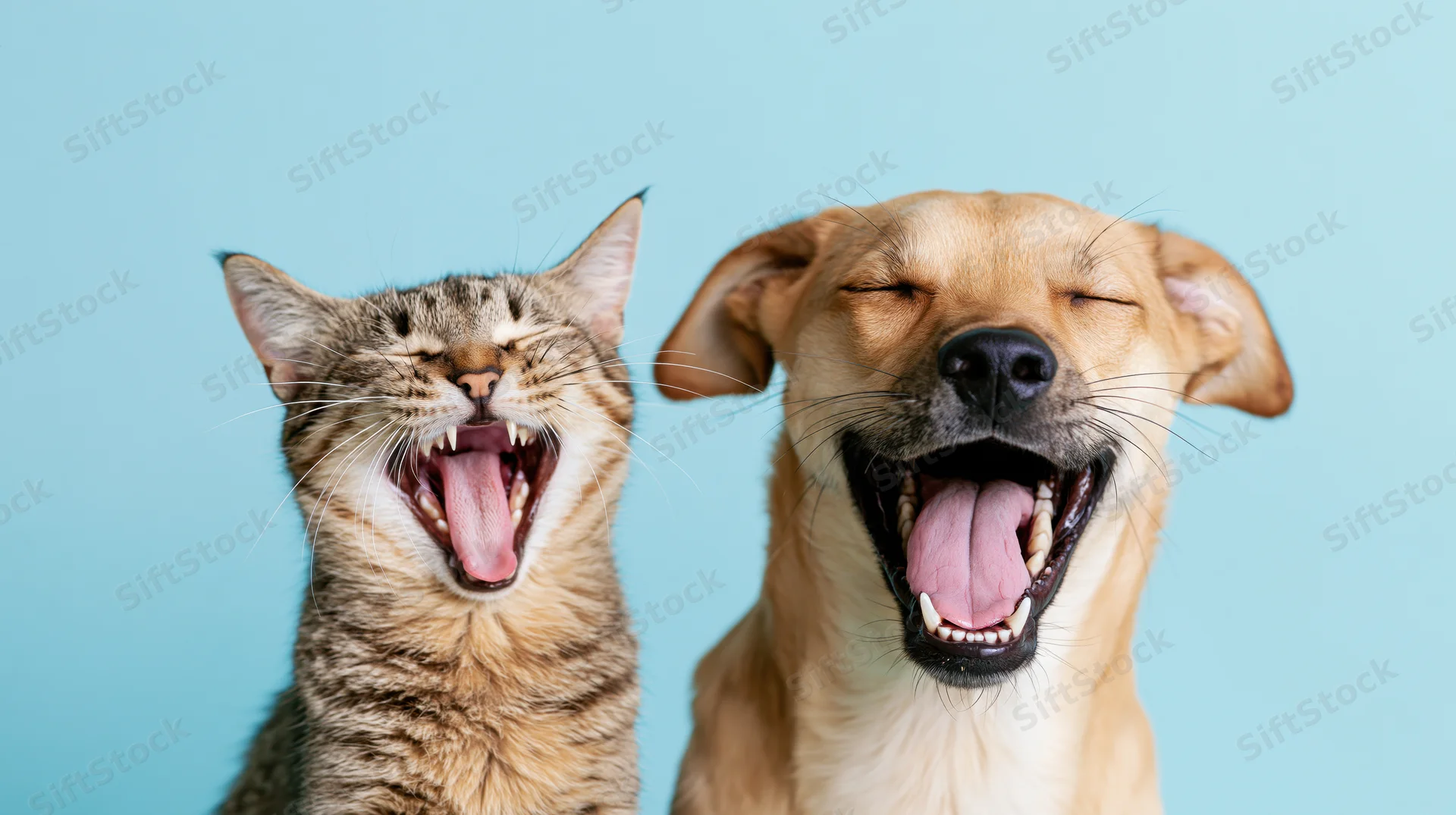 Tabby cat and tan dog yawning side by side against blue background