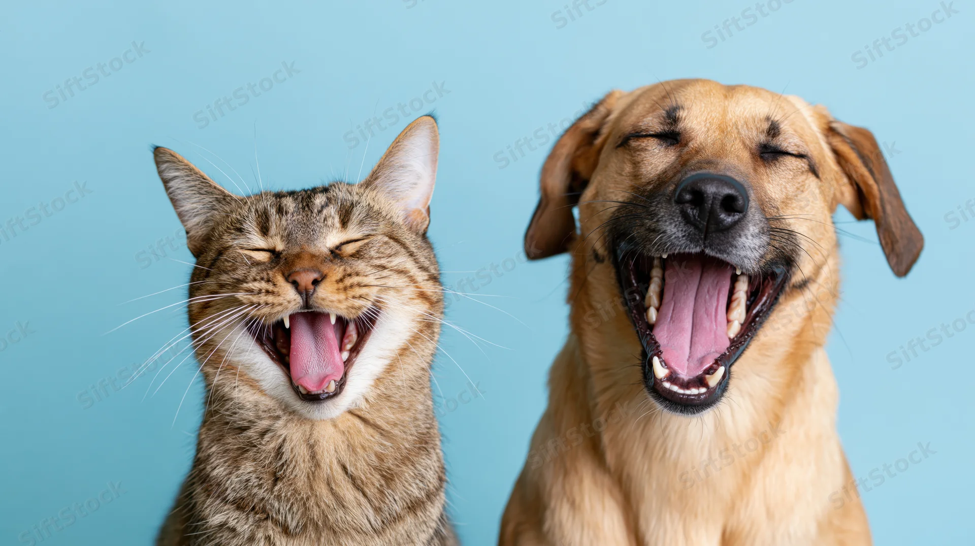 Tabby cat and tan mixed-breed dog yawning side by side against blue background