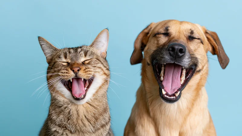 Tabby cat and tan mixed-breed dog yawning side by side against blue background