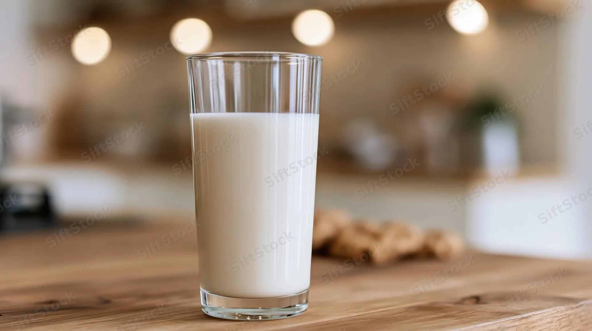 Tall glass of milk on wooden kitchen table with blurred background