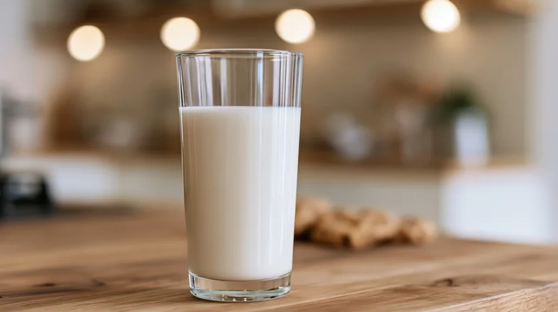 Tall glass of milk on wooden kitchen table with blurred background