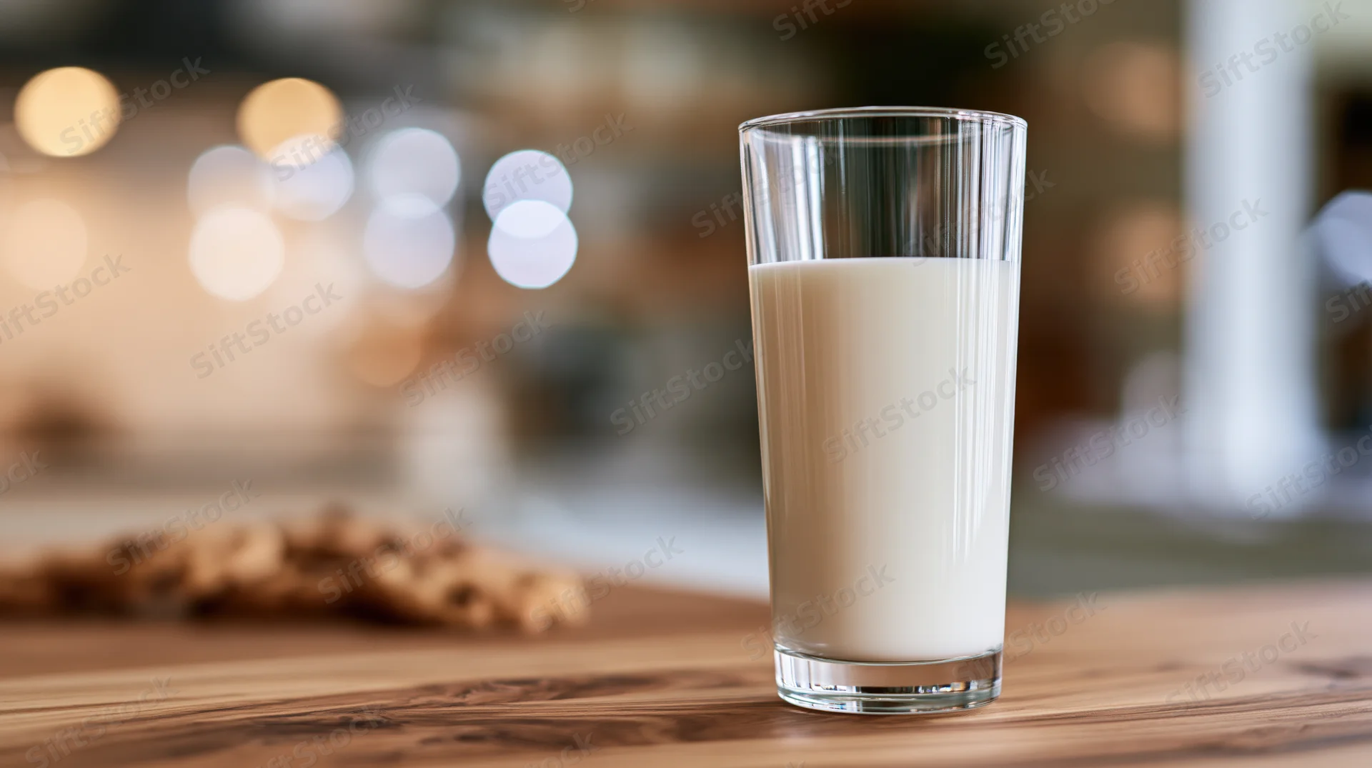 Tall clear glass of white milk on wooden kitchen countertop with blurred lights in background
