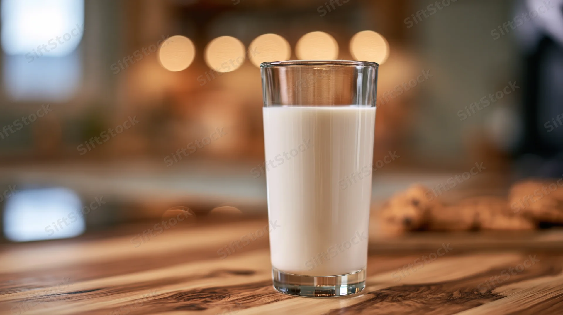 Tall clear glass of milk on wooden kitchen table with cookies and warm bokeh lights in background