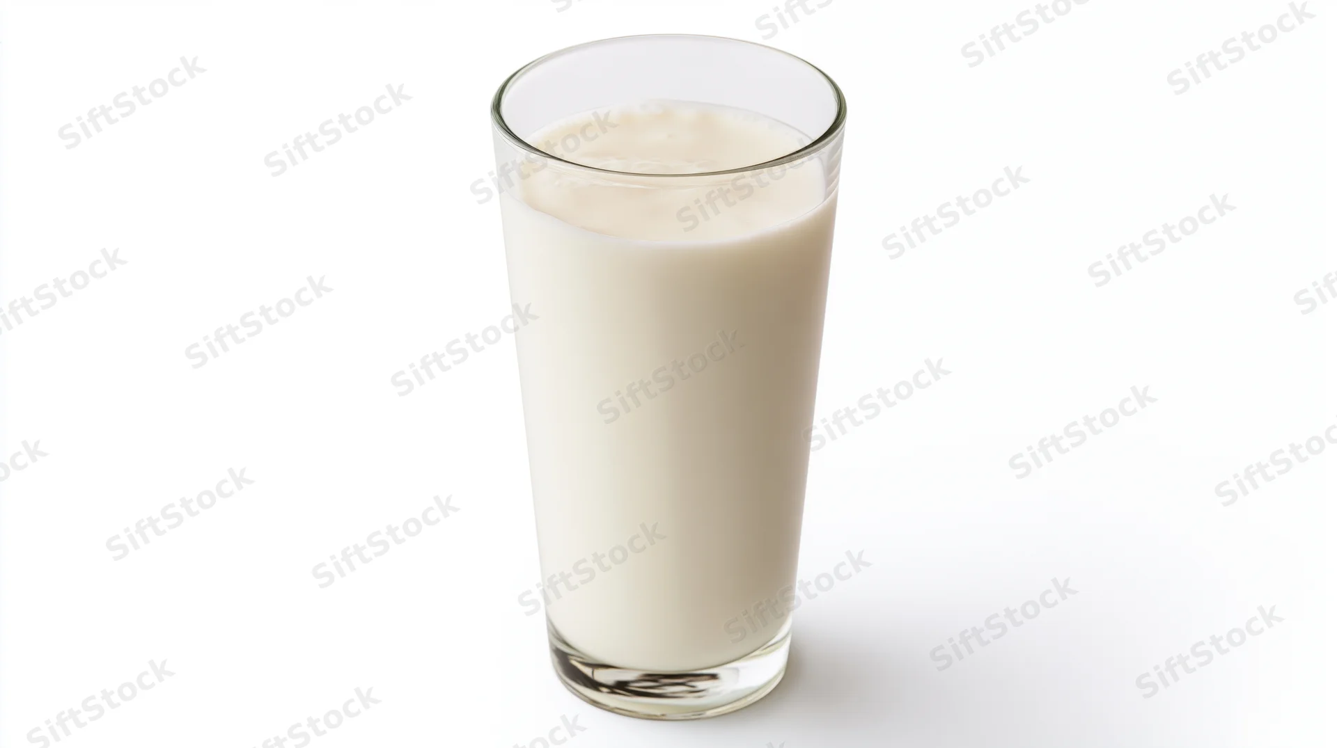 Tall clear glass filled with whole milk on white background