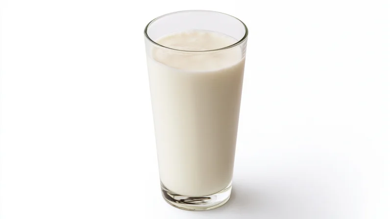 Tall clear glass filled with whole milk on white background