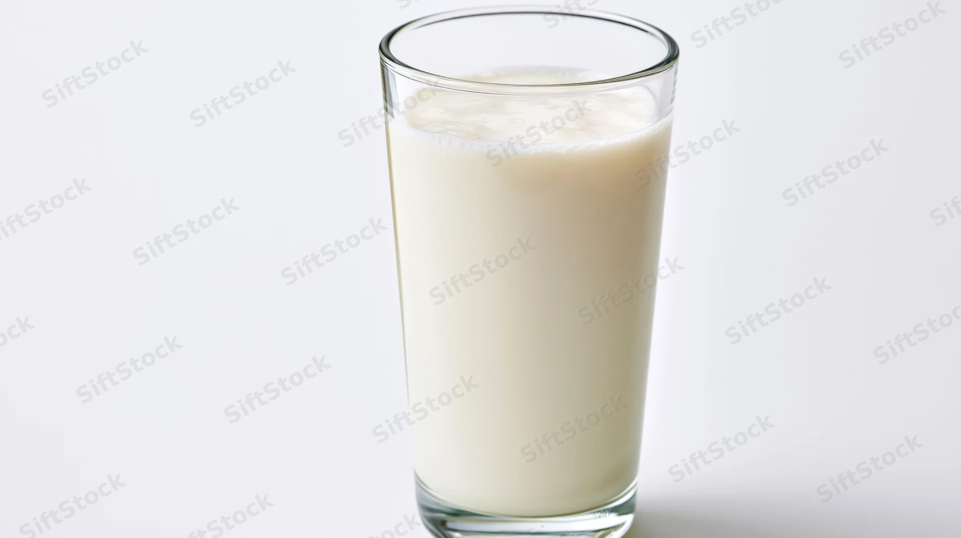 Tall clear glass filled with whole milk against white background