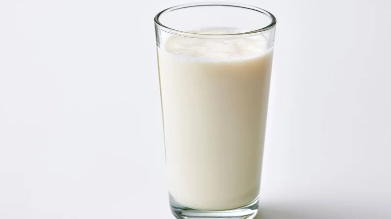 Tall clear glass filled with whole milk against white background