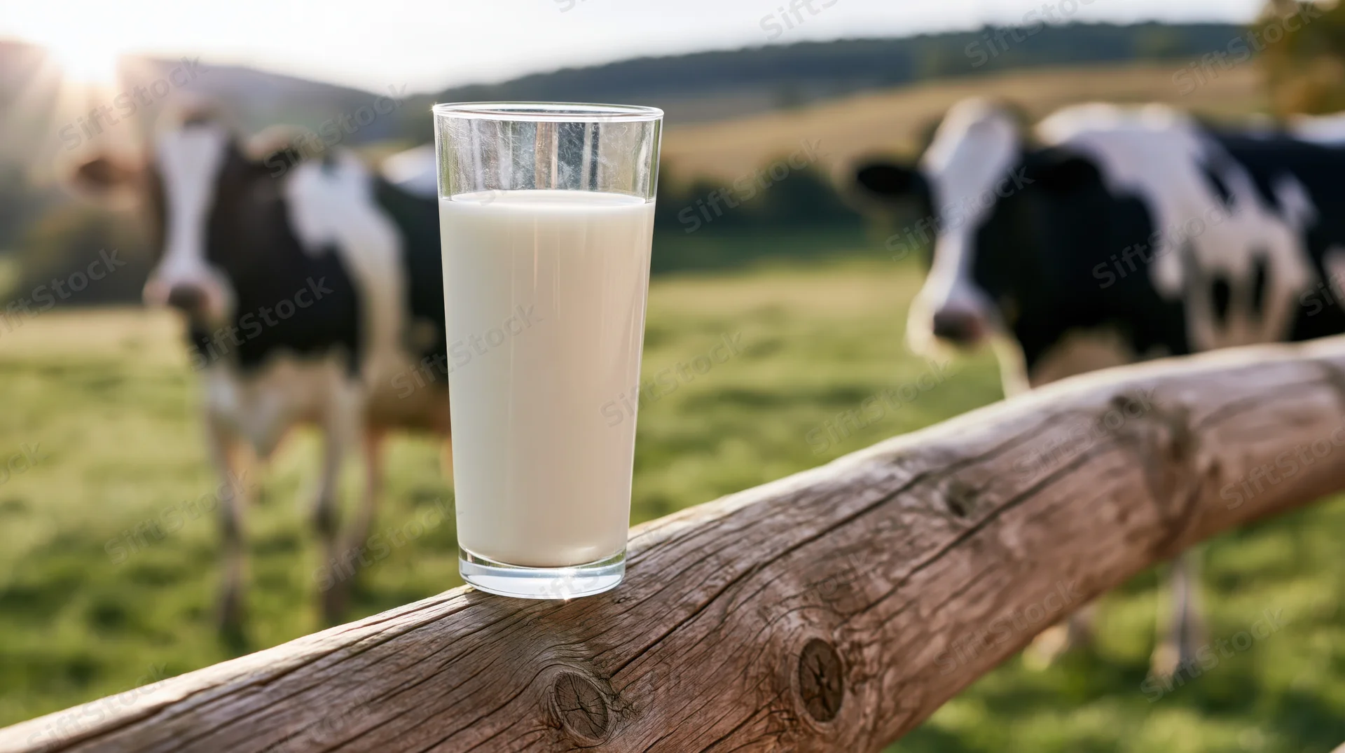 Glass of milk on wooden fence with cows in pasture at sunrise