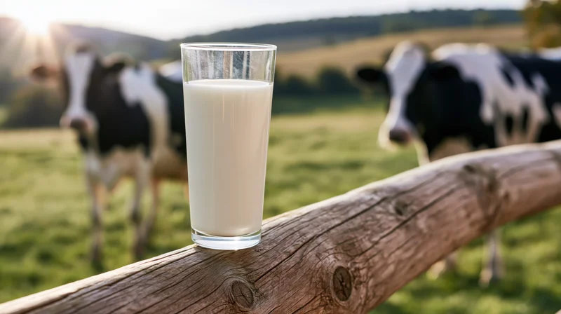 Glass of milk on wooden fence with cows in pasture at sunrise