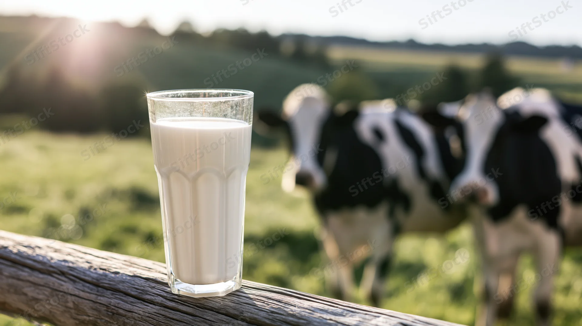 Glass of milk on wooden fence with cows in pasture background
