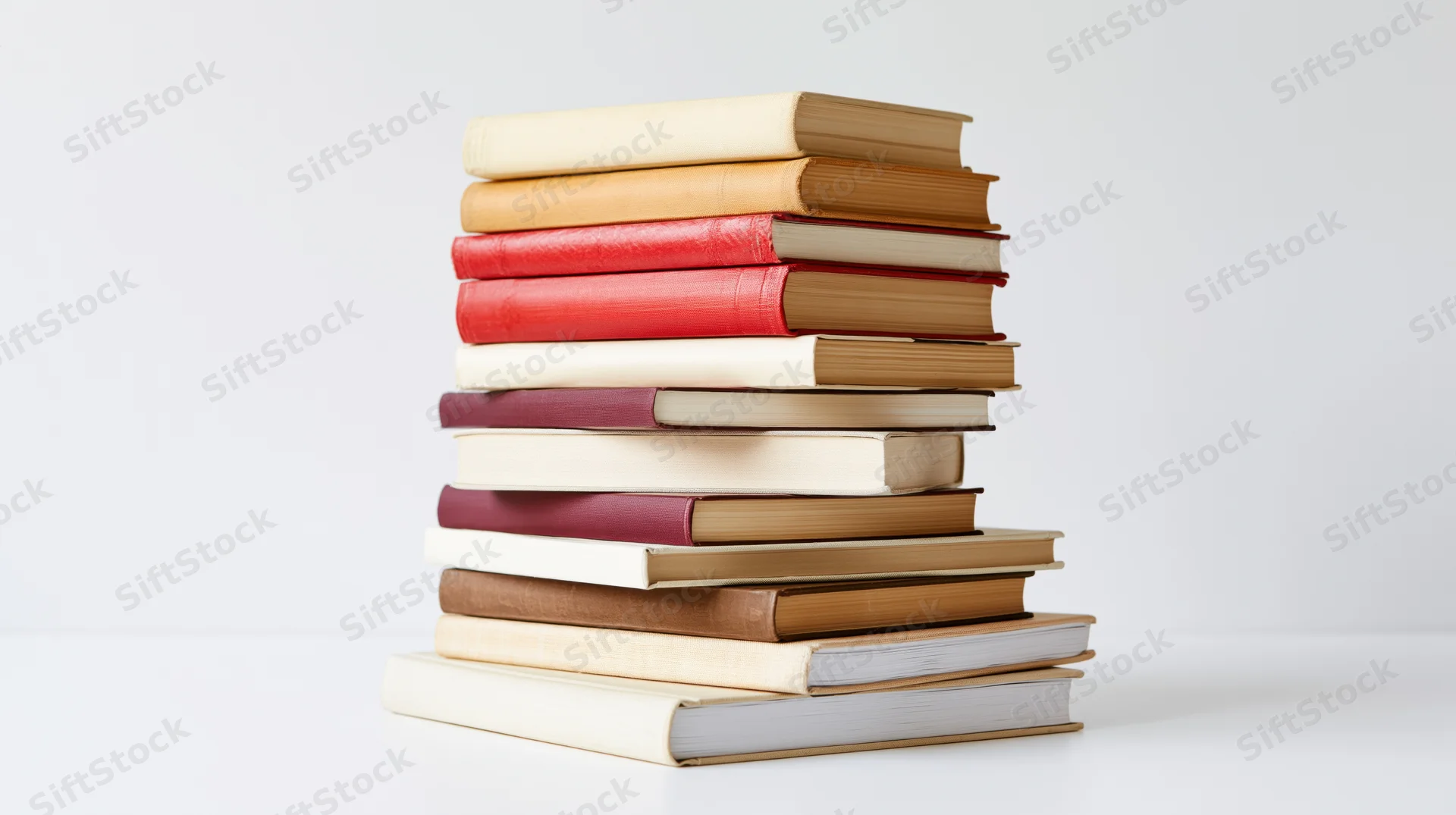 Tall stack of hardcover and paperback books arranged vertically on a white surface