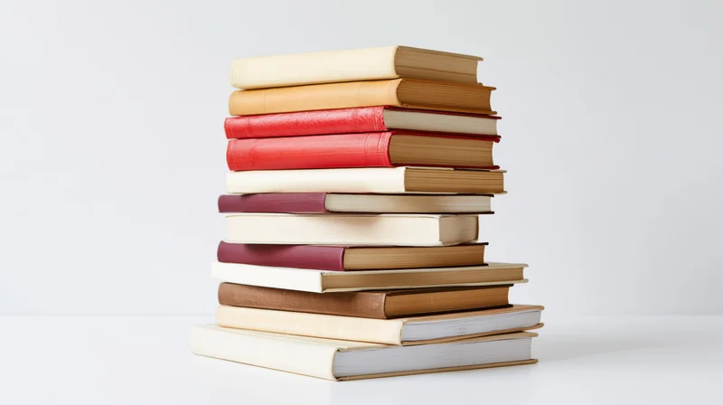 Tall stack of hardcover and paperback books arranged vertically on a white surface