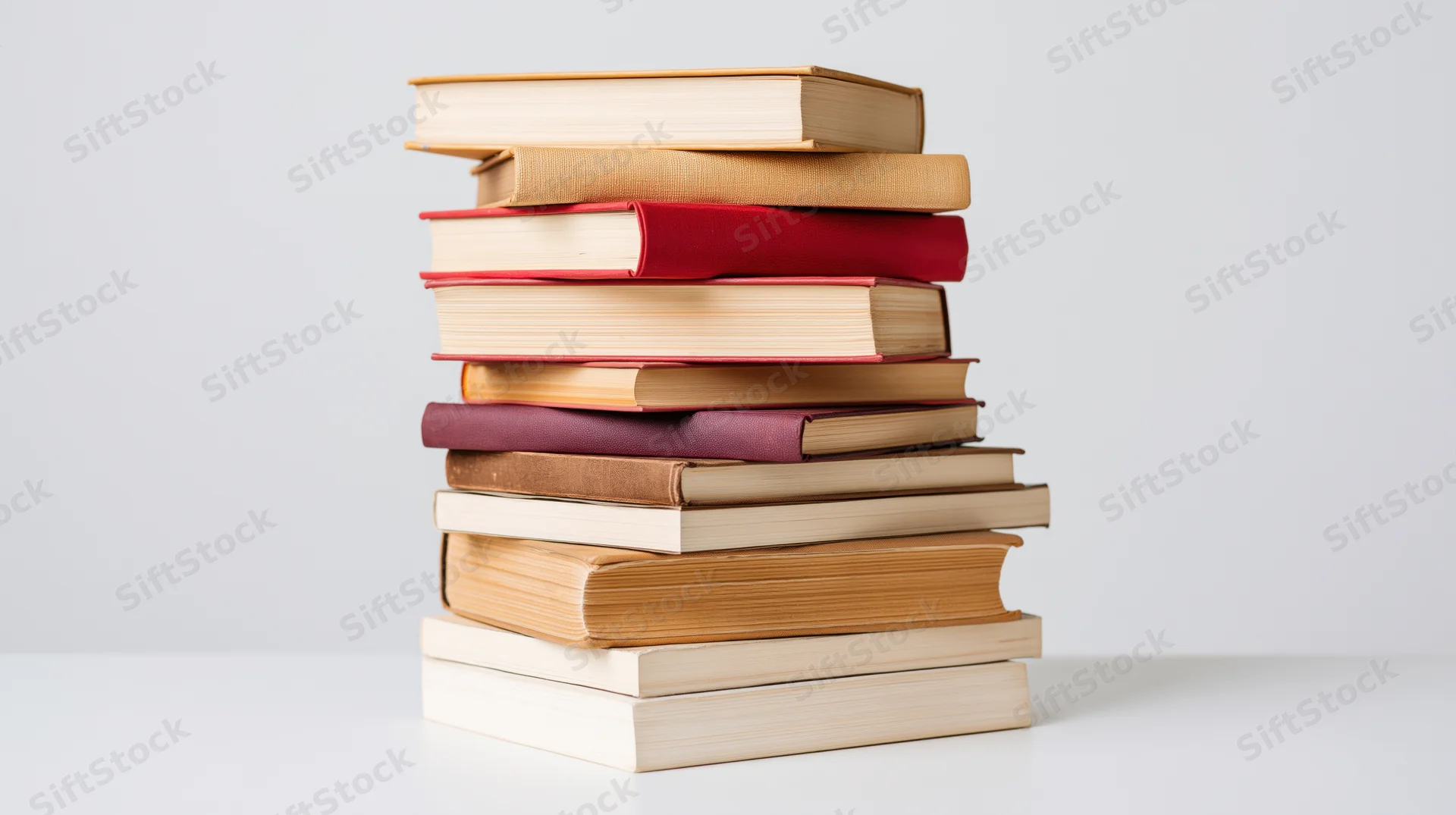 Tall stack of hardcover and paperback books on a white surface