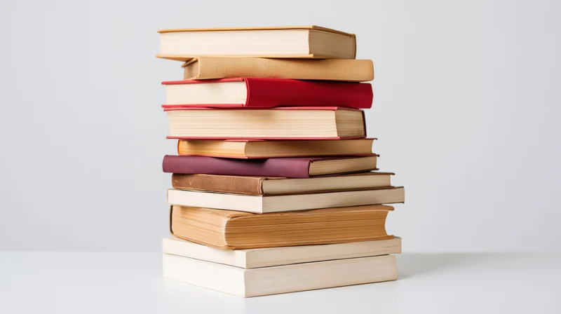 Tall stack of hardcover and paperback books on a white surface