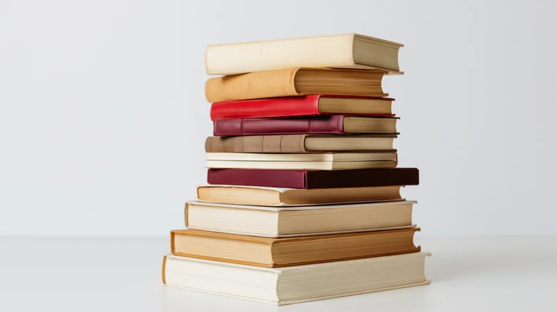 Tall stack of hardcover and paperback books on a white surface