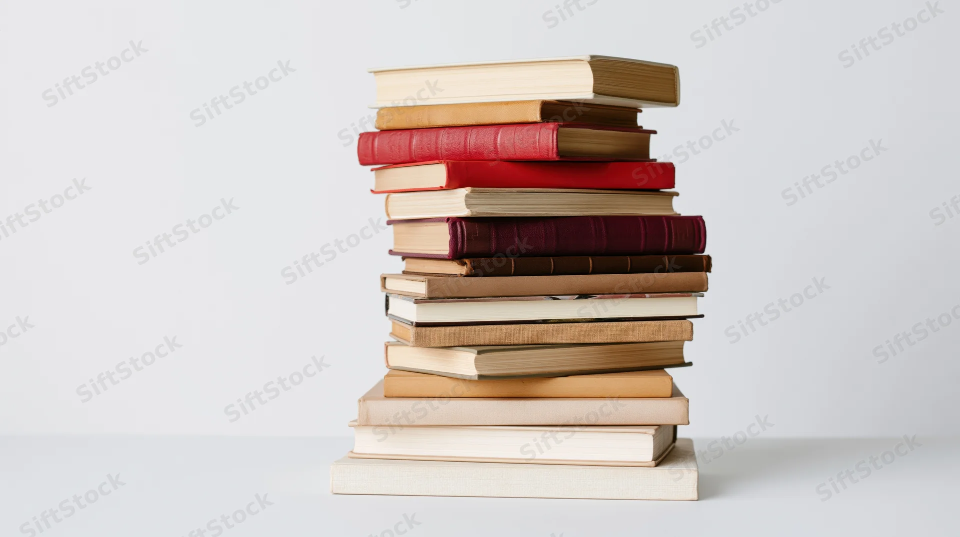 Tall stack of hardcover and paperback books on a white surface