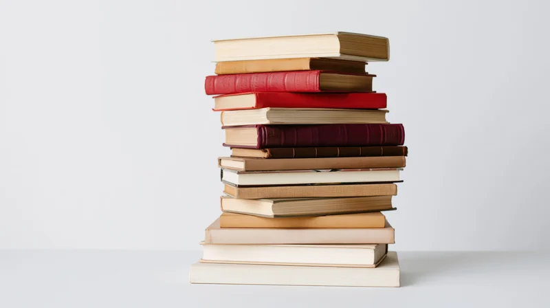 Tall stack of hardcover and paperback books on a white surface