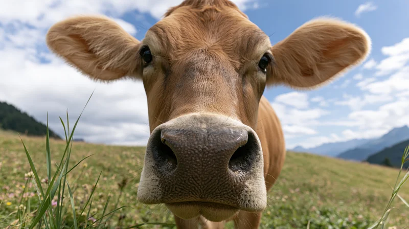 Jersey cow facing camera in alpine pasture with mountains and blue sky in background