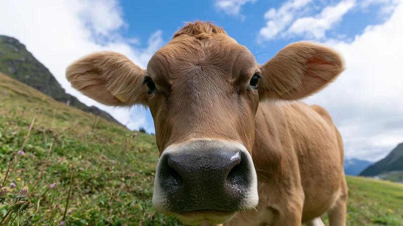 Tan jersey cow facing camera in alpine pasture with mountains and blue sky