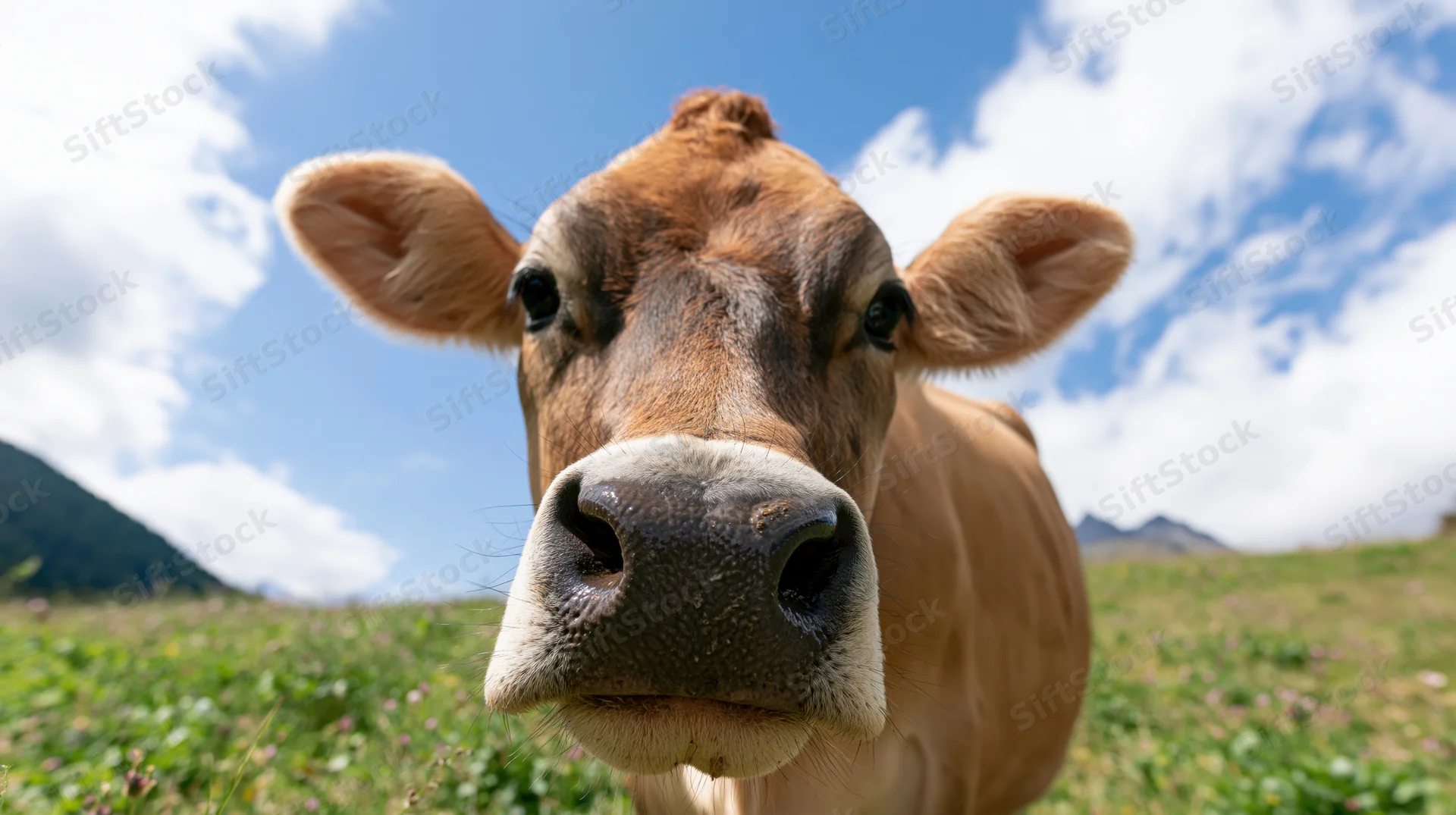 Jersey cow facing camera in alpine pasture under blue sky