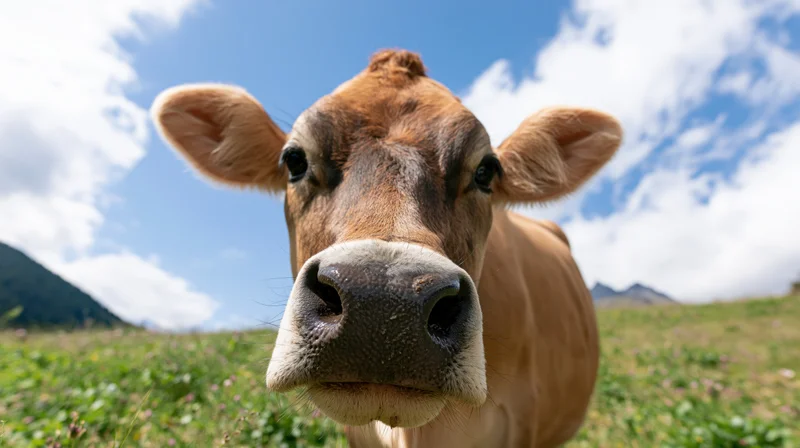 Jersey cow facing camera in alpine pasture under blue sky