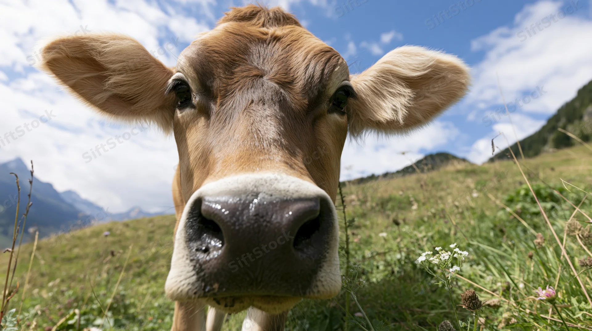 Jersey cow facing camera in alpine pasture with mountains and sky in background