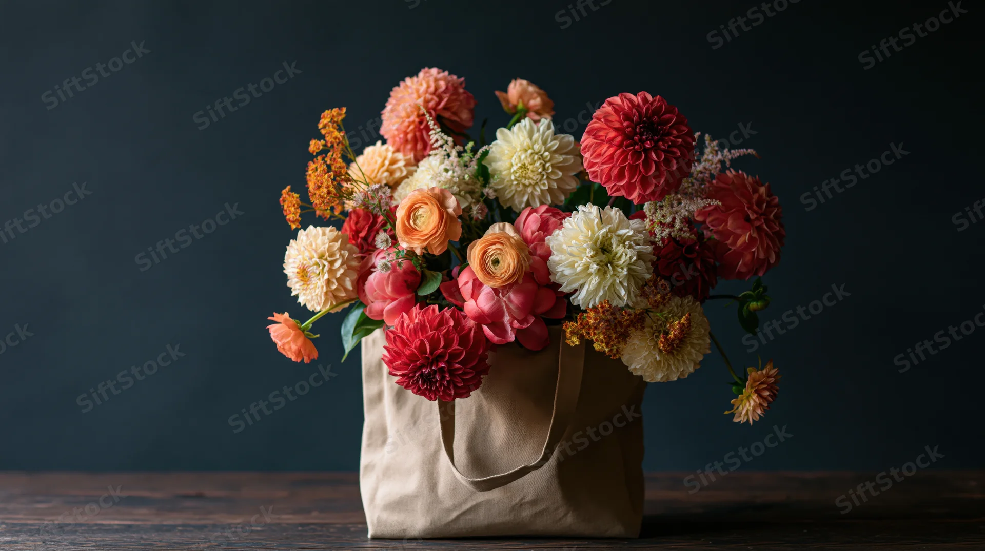 Mixed bouquet of dahlias and ranunculus overflowing from a tan canvas tote bag on a dark wooden table