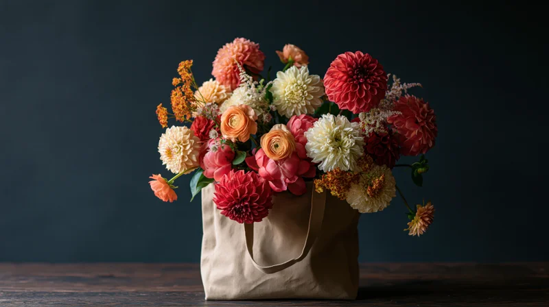 Mixed bouquet of dahlias and ranunculus overflowing from a tan canvas tote bag on a dark wooden table