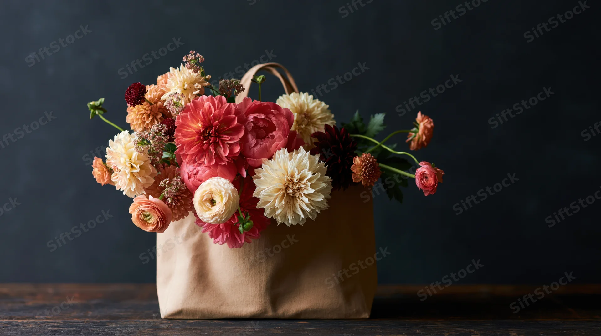 Mixed bouquet of dahlias and ranunculus overflowing from a tan canvas tote bag on a dark wooden table