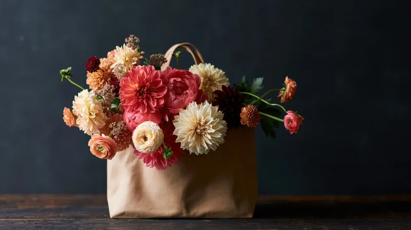 Mixed bouquet of dahlias and ranunculus overflowing from a tan canvas tote bag on a dark wooden table