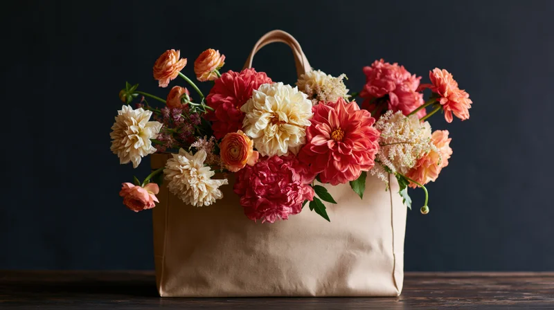 Mixed bouquet of dahlias, ranunculus, and peonies overflowing from a tan canvas tote bag on a dark wooden table