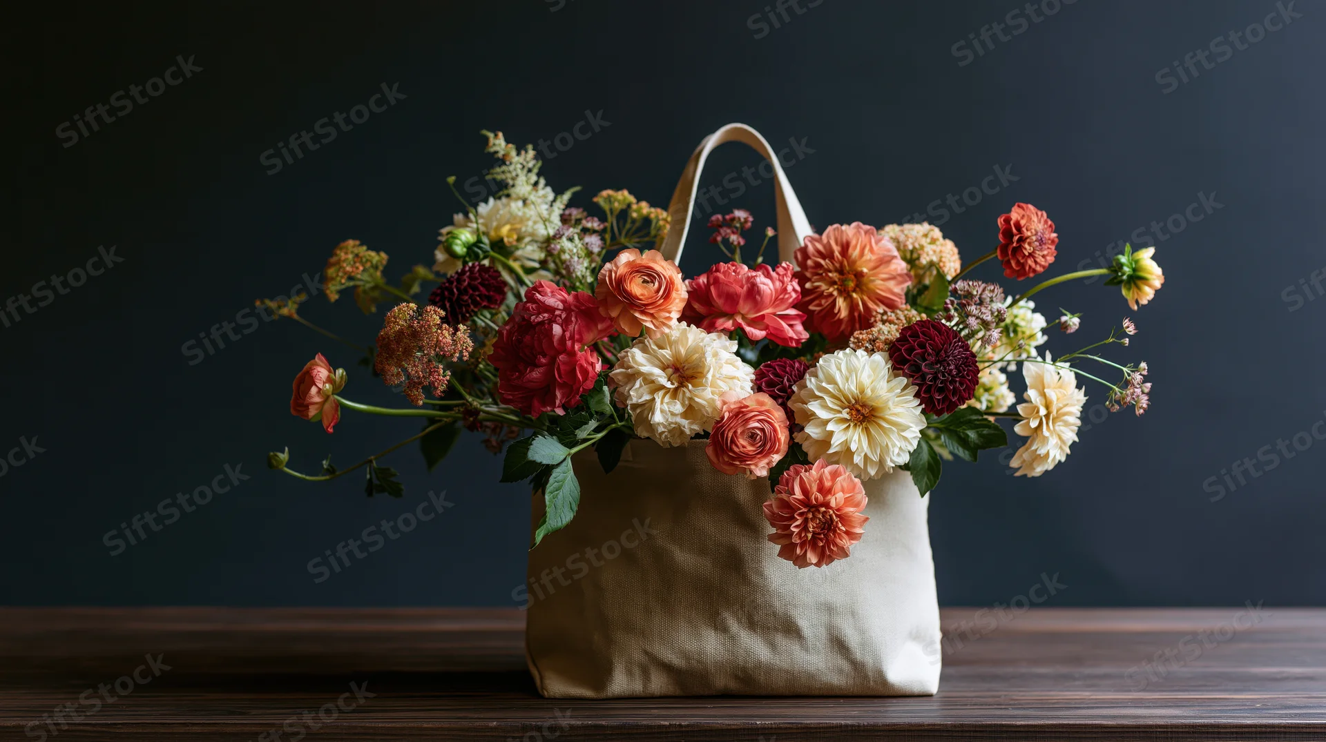 Mixed bouquet of dahlias, roses and greenery overflowing from a tan canvas tote bag on a dark wooden table