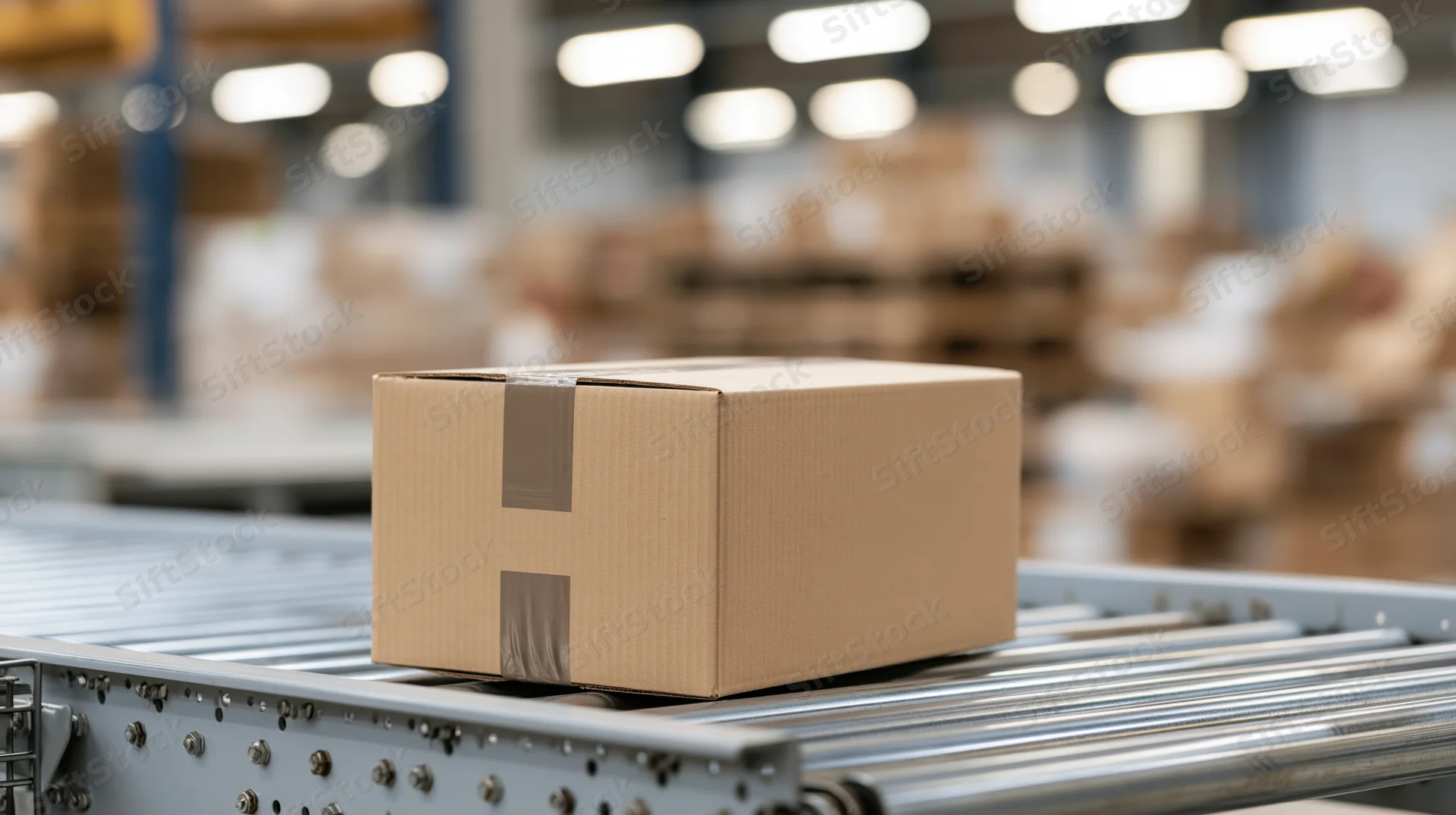 Cardboard box on metal roller conveyor in warehouse