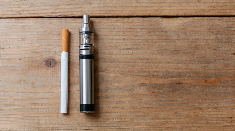 Traditional cigarette and cylindrical vape pen placed side by side on wooden surface