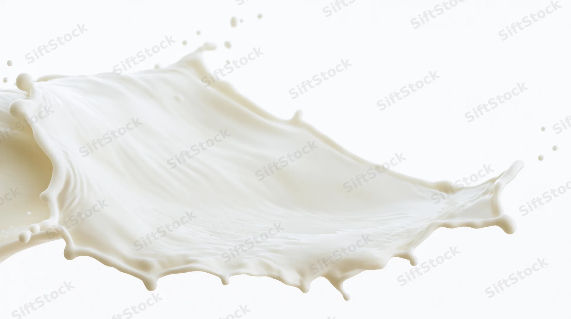 Milk splash in mid-air forming a wave shape with droplets against white background