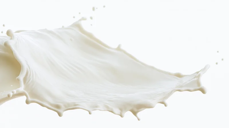 Milk splash in mid-air forming a wave shape with droplets against white background