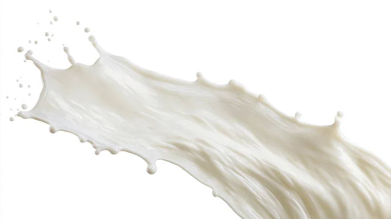 Milk splash in mid-air with droplets trailing against white background