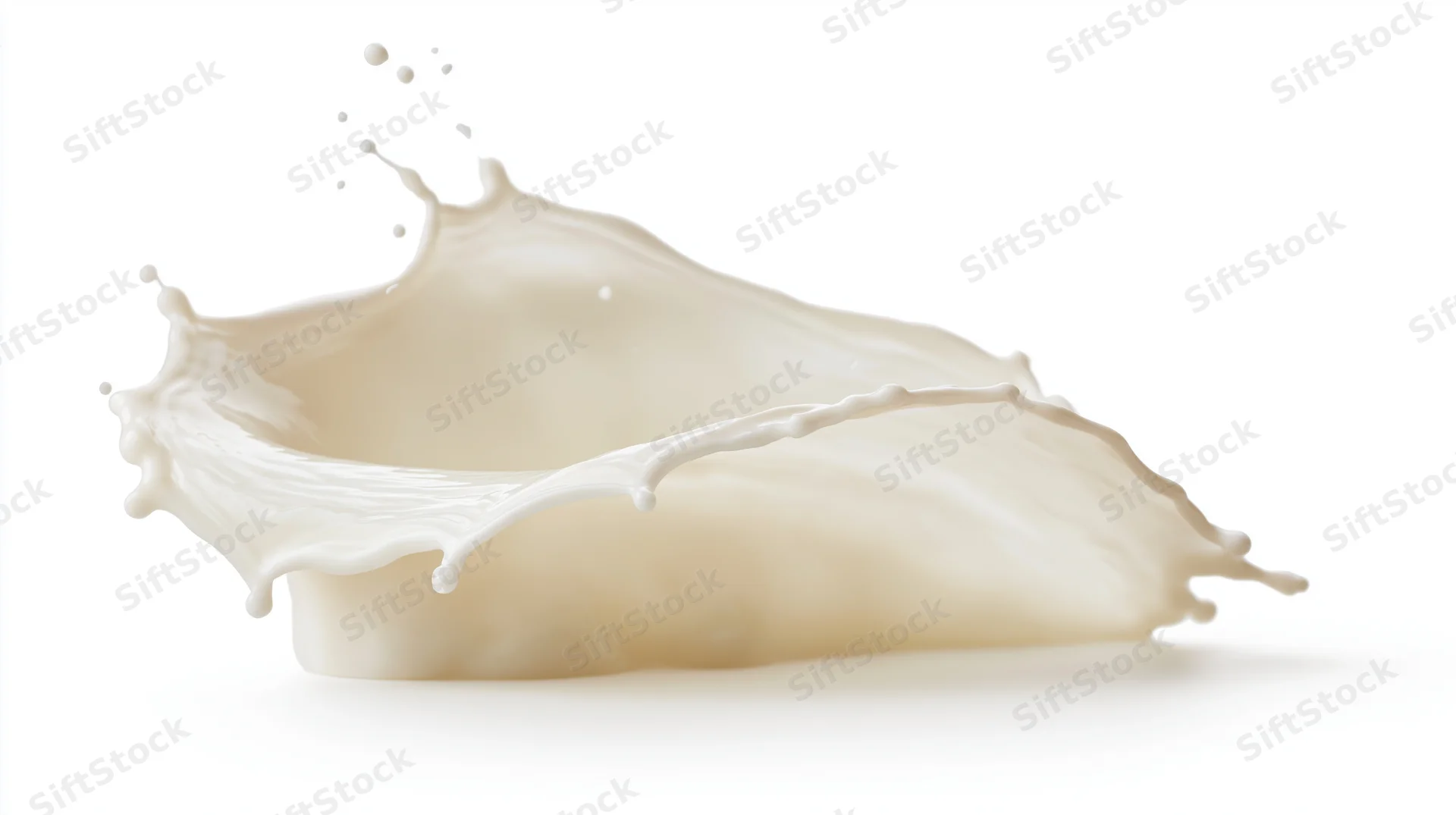 Milk splash mid-motion with droplets forming a wave shape against white background