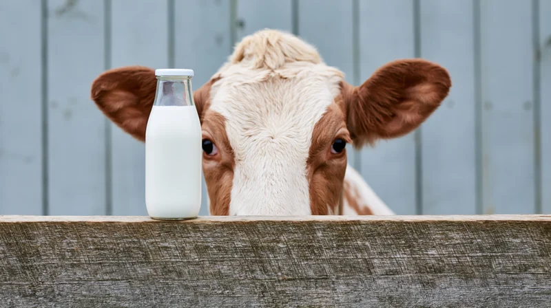 Cow peering over wooden fence beside a glass bottle of milk