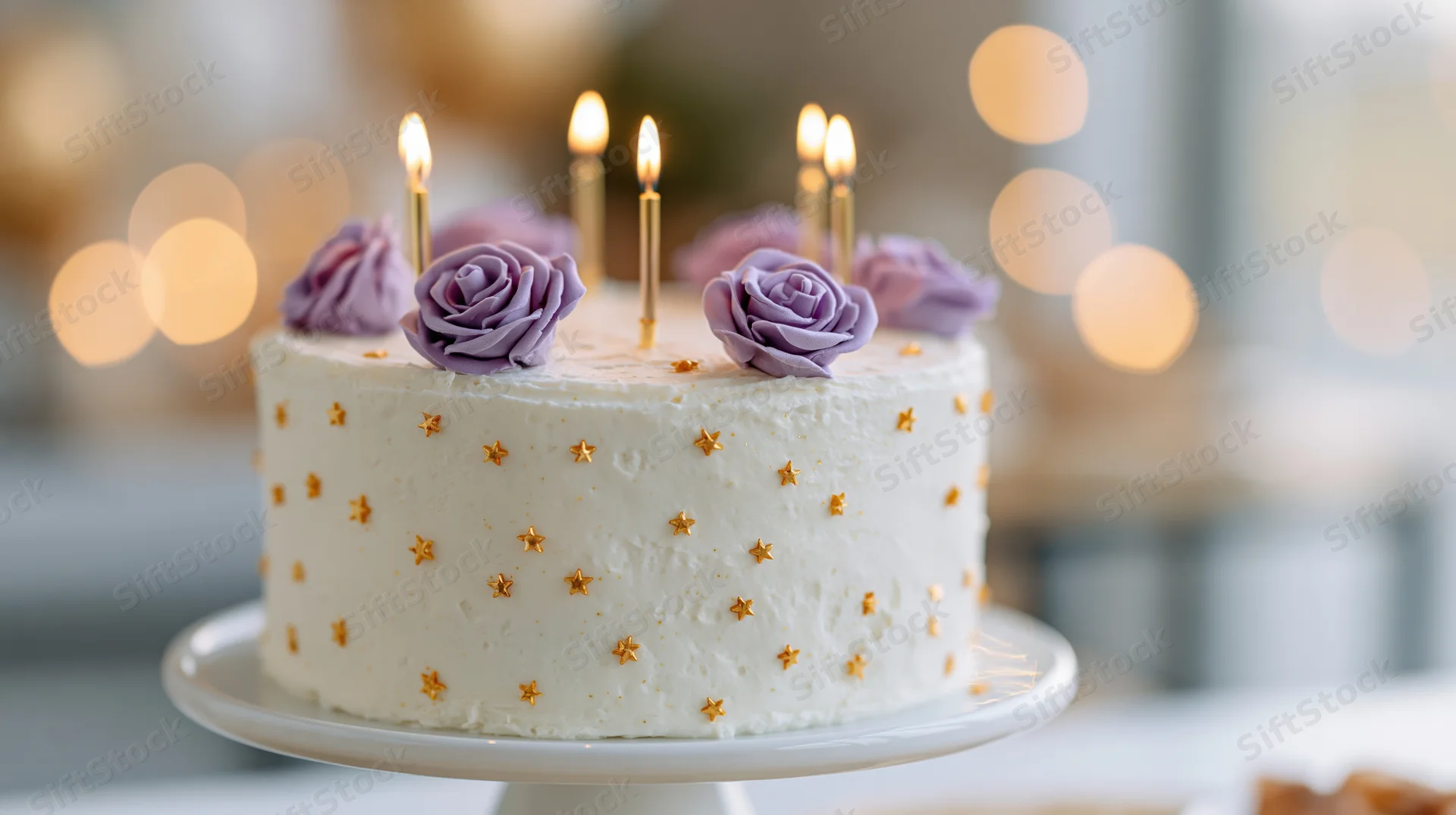 White frosted birthday cake with lit candles and purple roses on a pedestal stand