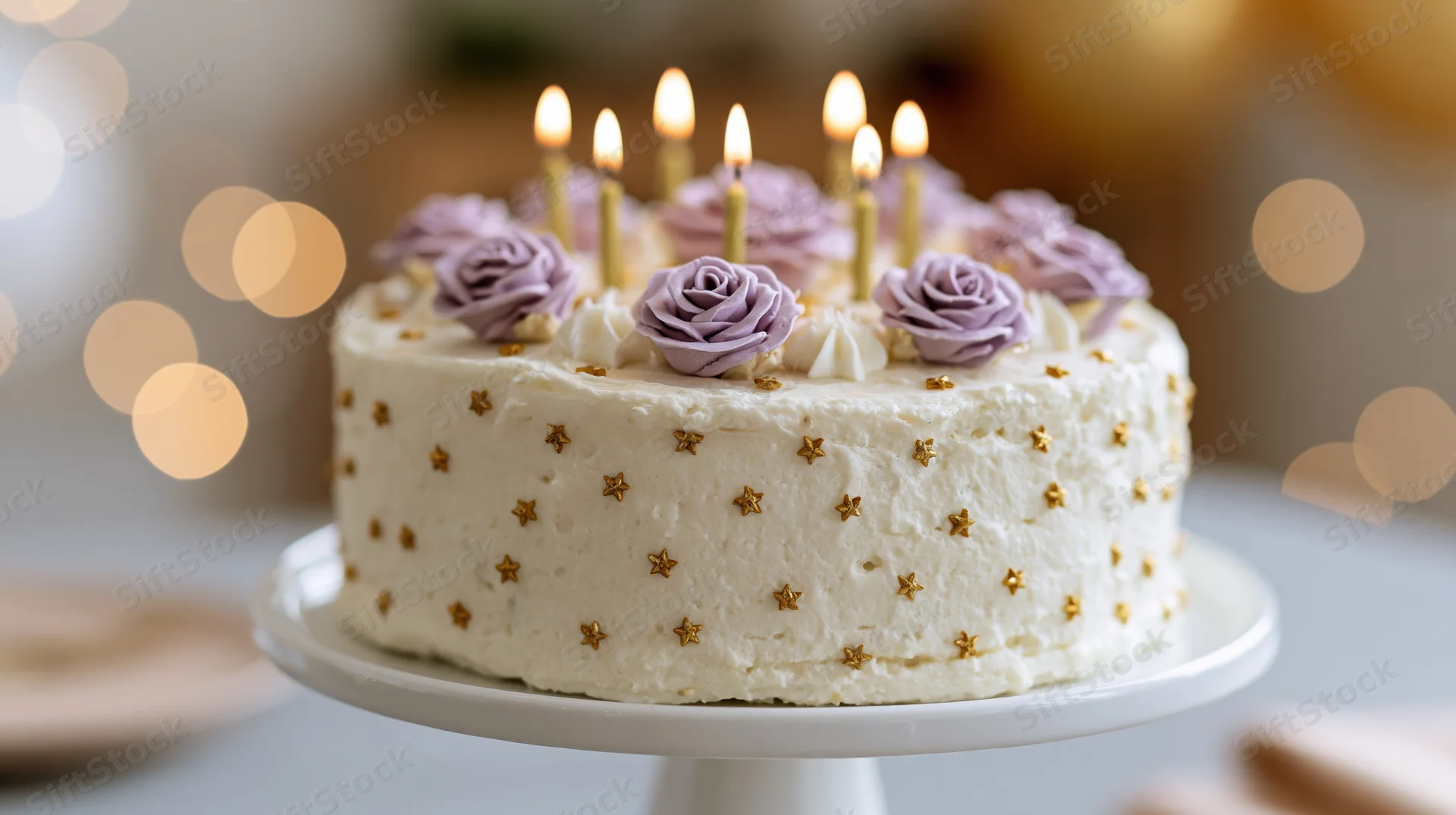 White frosted birthday cake with lit candles and purple rose decorations on a white pedestal stand