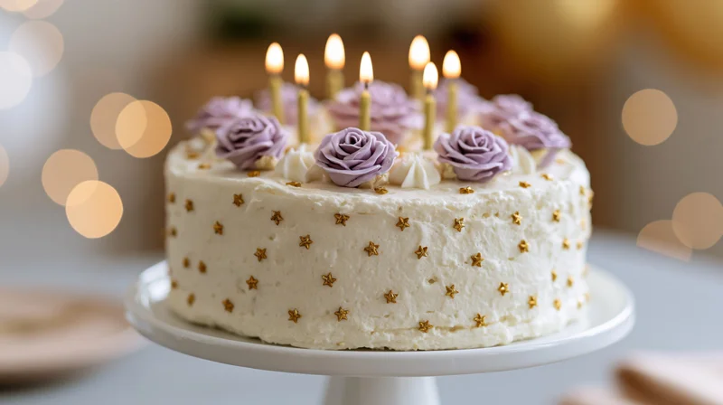 White frosted birthday cake with lit candles and purple rose decorations on a white pedestal stand