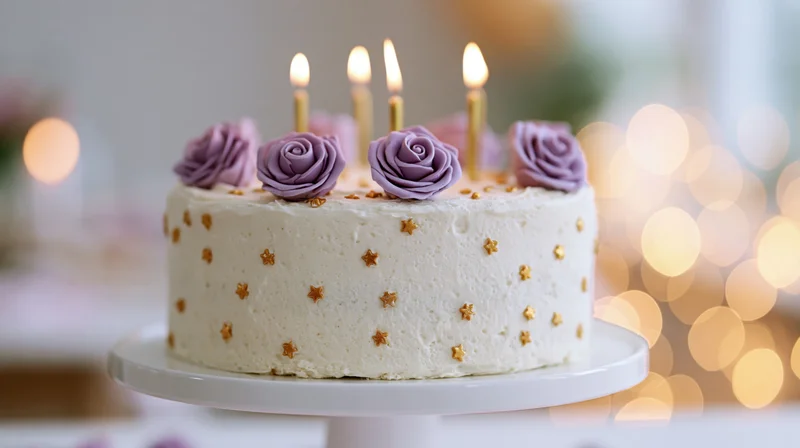 White frosted birthday cake with lit candles and purple roses on a white pedestal stand against a bokeh background