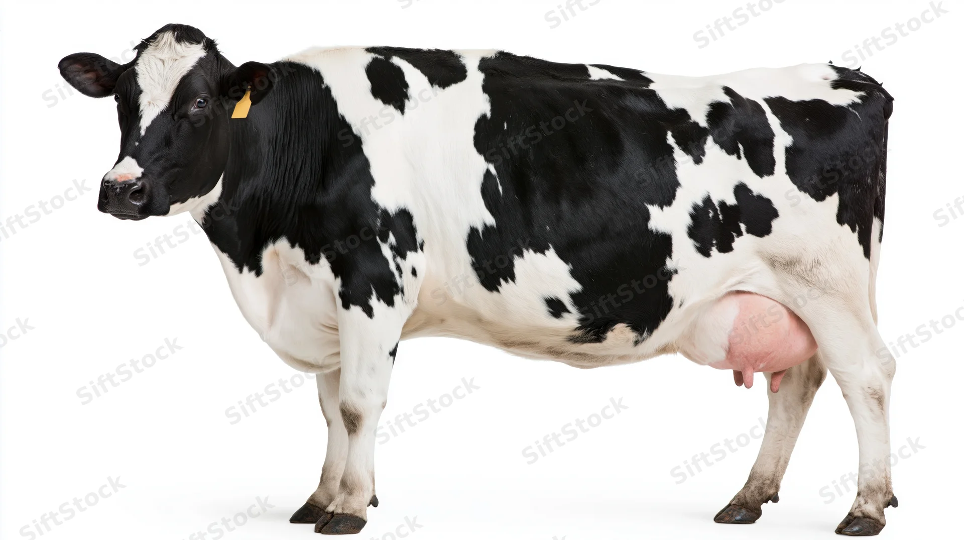 Holstein dairy cow standing in profile against white background
