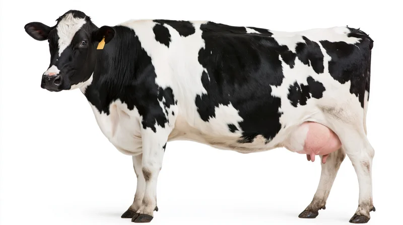 Holstein dairy cow standing in profile against white background