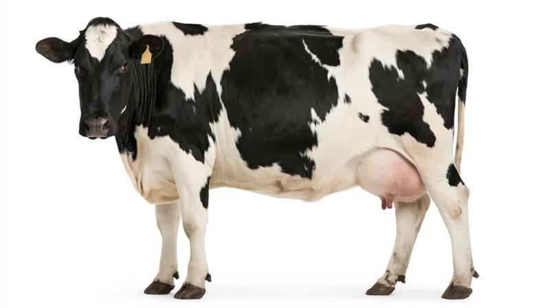 Holstein dairy cow standing in profile against white background