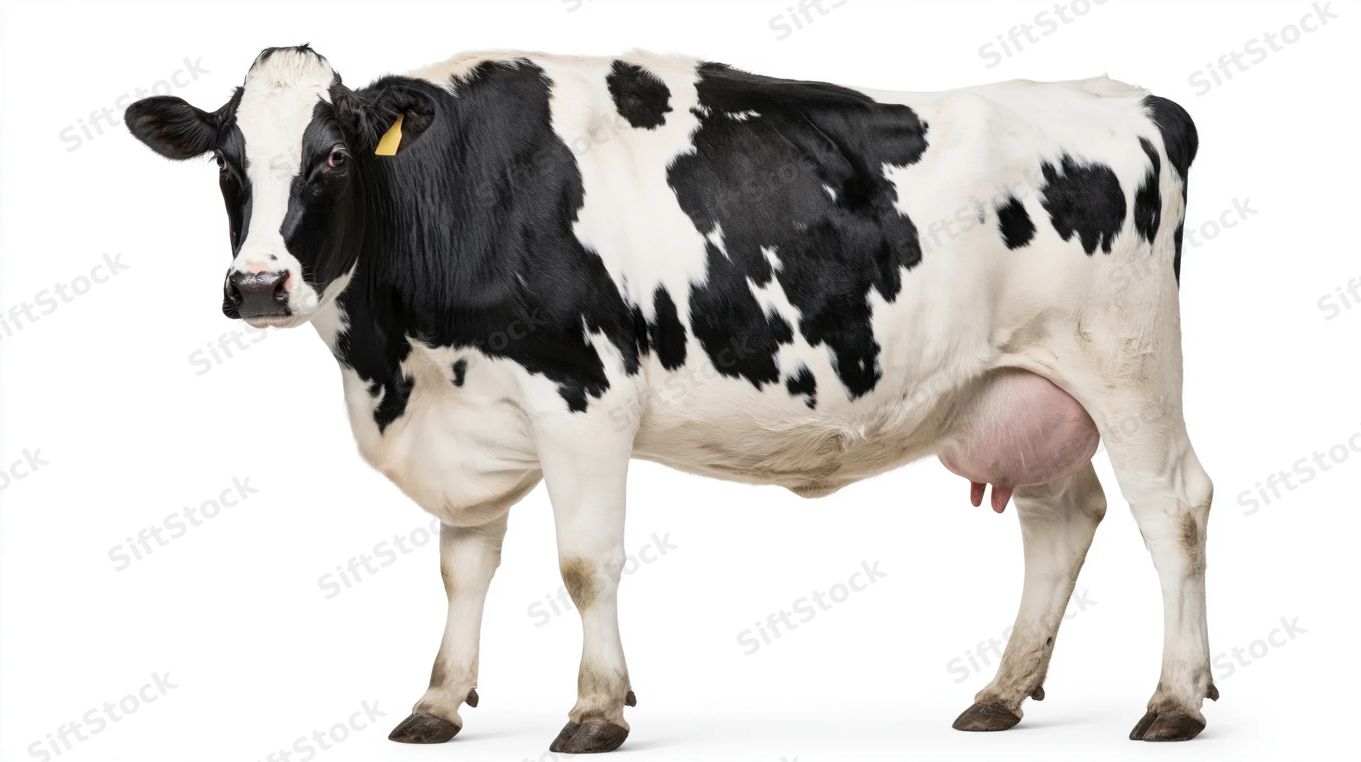 Holstein dairy cow standing in profile against white background