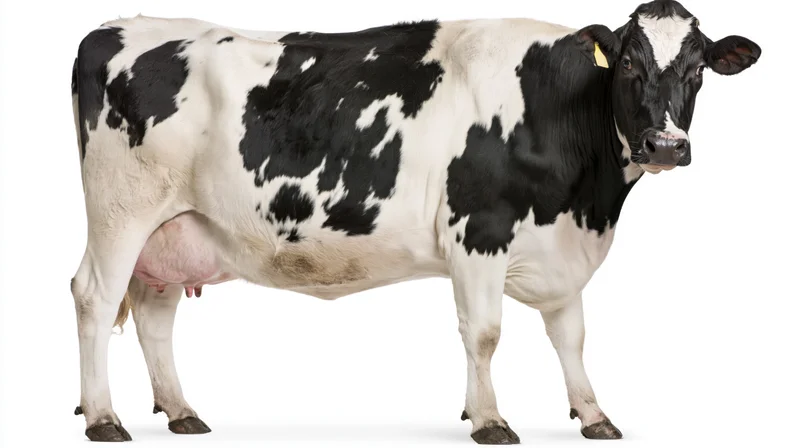 Holstein dairy cow standing still facing slightly forward on white background
