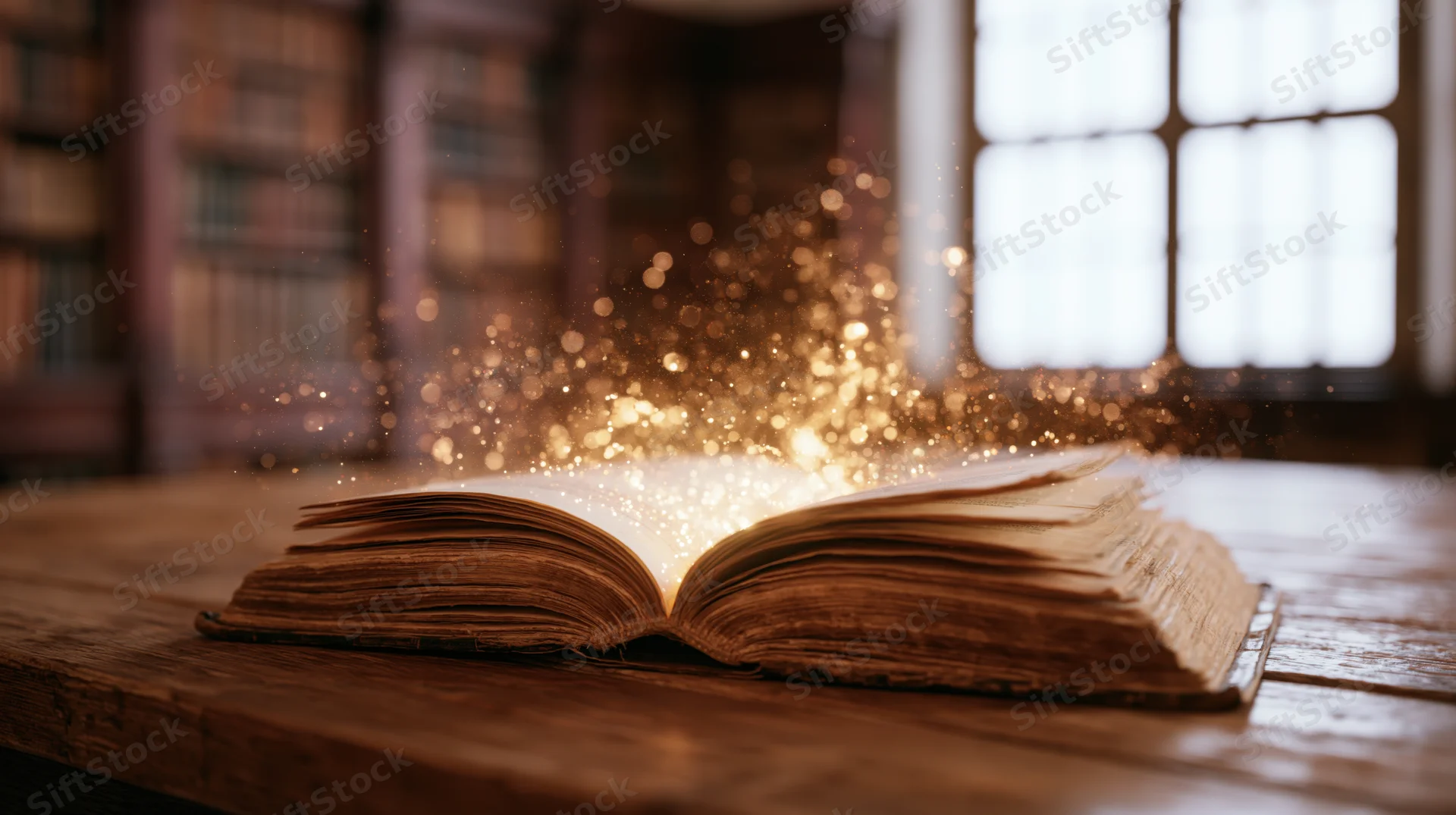 Ancient open book glowing with golden sparkles on wooden desk in library