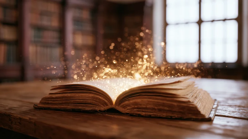 Ancient open book glowing with golden sparkles on wooden desk in library